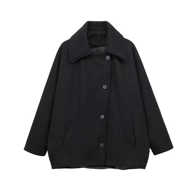Elegant Woolen Lapel Coat Loose Solid Long Sleeve Single Breasted Pocket Female Jackets 2025 Autumn Fashion Street Lady Outwear