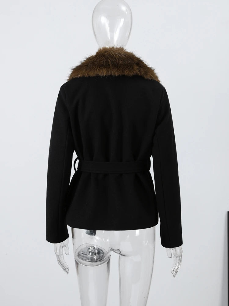 Street Faux Fur Belt Woolen Women Coat Urban Shawl Collar Belted Waist Full Sleeve Female Coats 2025 Autumn Winter Lady Outwear