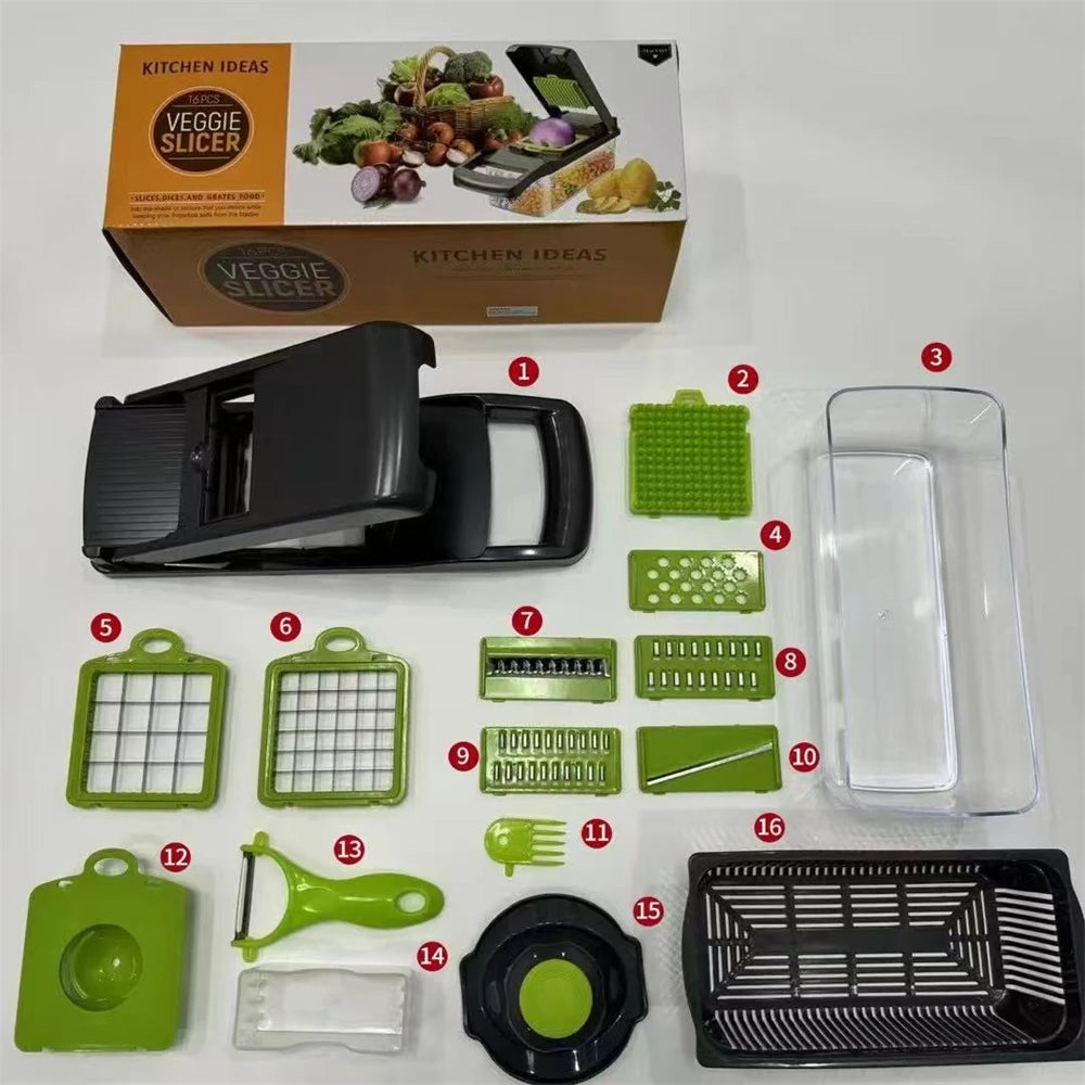 12/16pcs Vegetable Cutter Multifunctional Slicer Fruit Potato Peeler Carrot Grater Kitchen Accessories Basket Vegetable Slicer