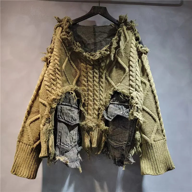 2025 Autumn New Denim Patchwork Knitted Pullover Sweater for Women, Loose Slimming Washed Vintage Top Trendy