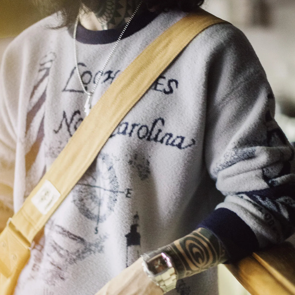Maden Gray Lighthouse Pattern Crewneck Sweater Heavyweight Warm Soft Knitwear Men's Relaxed Fit Pullover for Autumn Winter