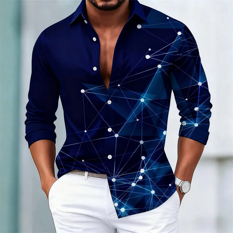 Men's trendy geometric line print long-sleeved shirt. Fashionable slim black technology-style shirt. Popular men's shirt.