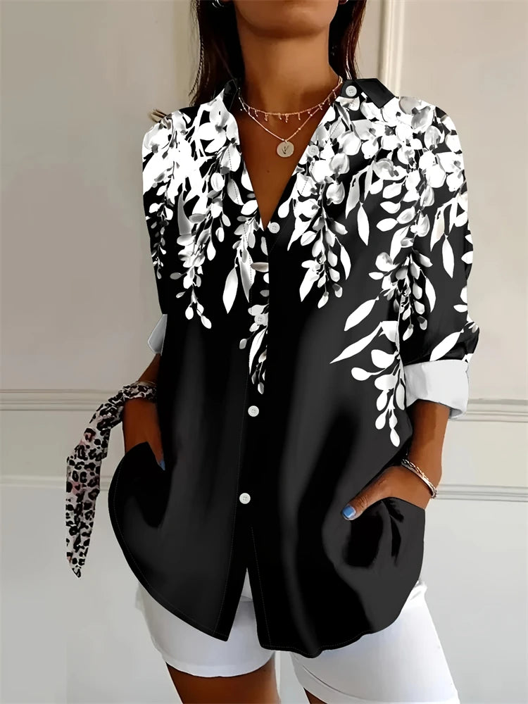 New Summer Fashion Women's Lapel Shirt Big Size Button Long Sleeve Daily Weekend V Neck Tops Floral Printed Loose Casual Shirt