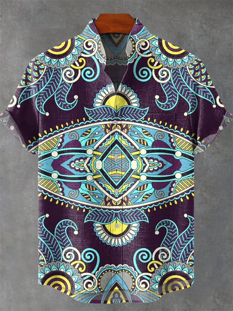 New Vintage Men's Linen Short Sleeve Shirt Casual Fashion Men's Street 3D Flower Printed Shirt Casual Shirt
