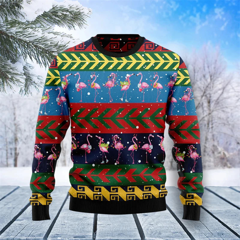 Funny Flamingo Graphic Ugly Christmas Sweater Autumn Holiday Wear 3D Printed Sweatshirt Loose Streetwear Pullovers Mens Clothing