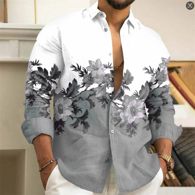 Men's Shirt 3D Floral Print Lapel Long Sleeve Men's Tops Vintage 2025 Street Trend Outdoor Fashion Dress Designer XS-6XL