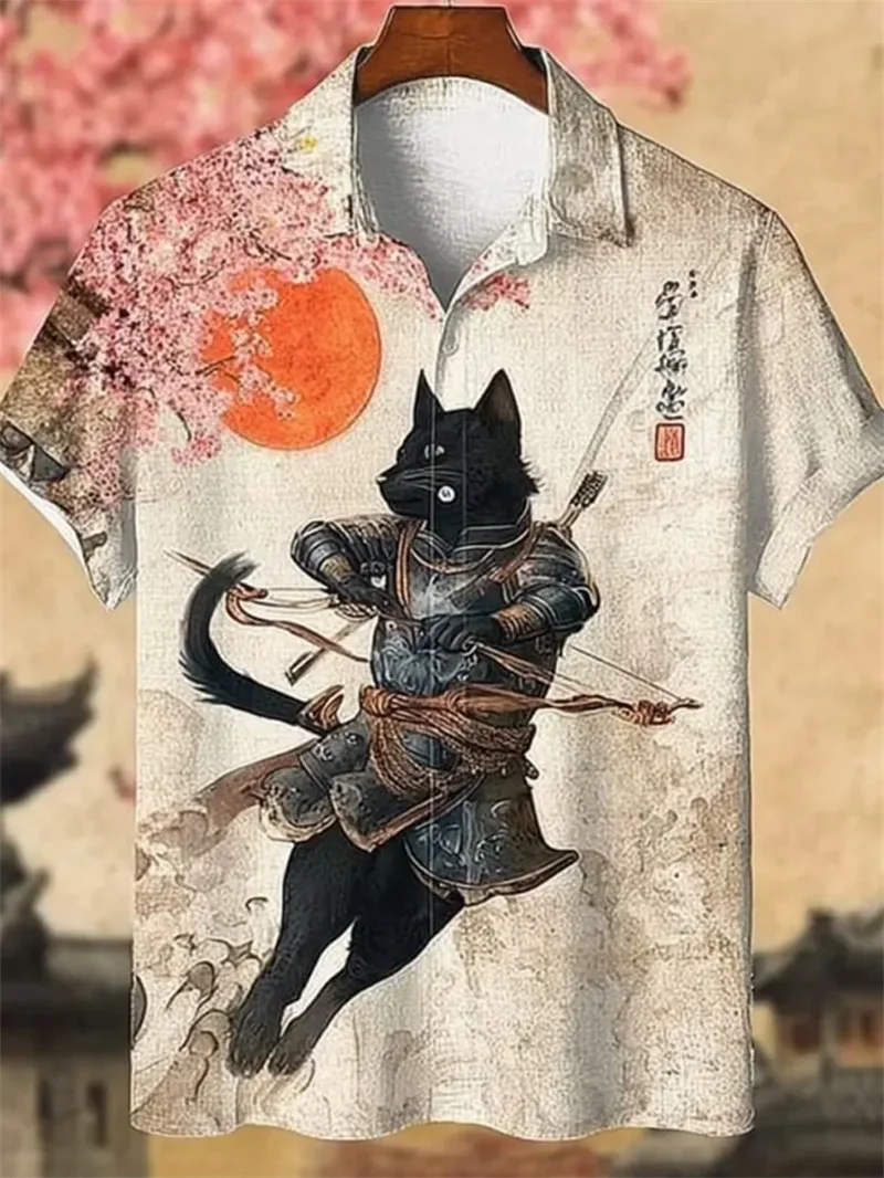 Men's New Comfortable Linen Short-Sleeved Shirt with 3D Salted Fish Print Pattern Button-Up Short-Sleeved Top