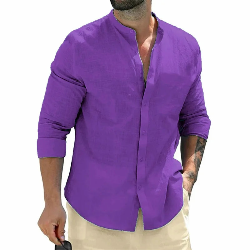 Men's shirt, long-sleeved shirt, solid color, round neck, single-breasted shirt, outdoor casual business office clothing, large