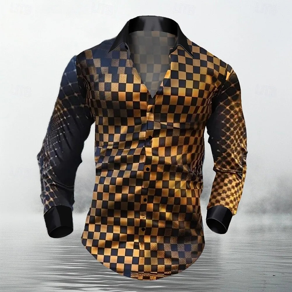 New men's long sleeved shirt, casual and fashionable checkered shirt, lapel single breasted long sleeved men's clothing