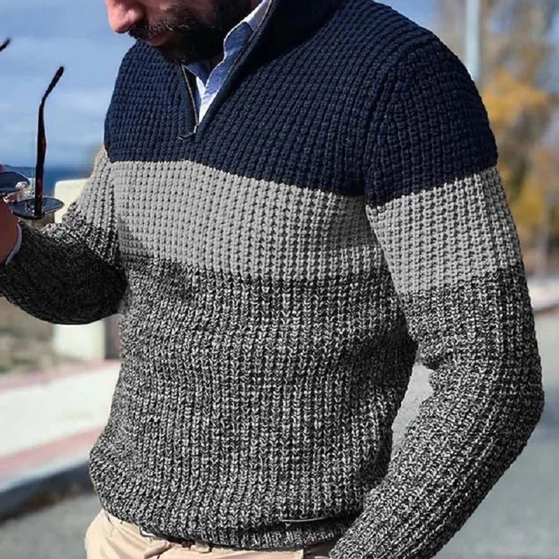 Pullovers Men Knitted Tops Zipper Turn Down Collar Full Sleeve Slim Fit Polo Sweaters Casual Regular Knit Splice Autumn Winter