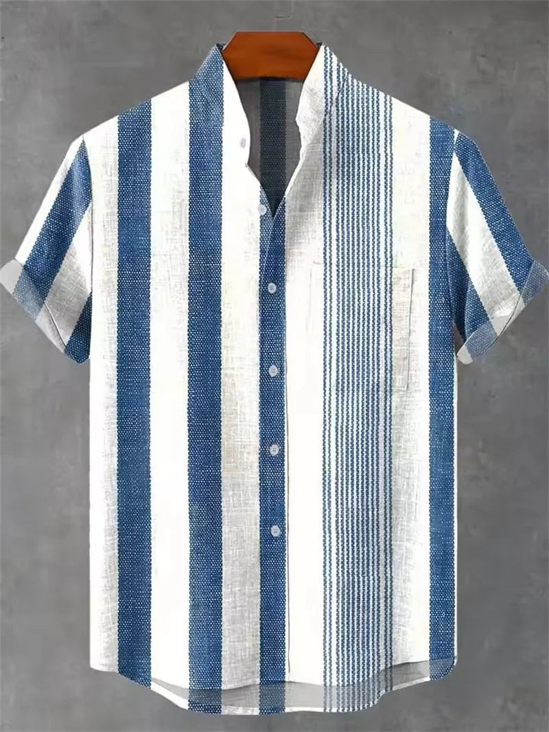 New Men's Striped Linen 80% Short Sleeve Shirt 3D Music Printed Comfort Button Shirt Hawaiian Shirt