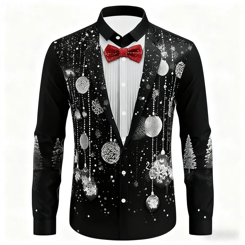 Men's Christmas shirt, casual fashion design, holiday party men's top, long sleeve lapel men's high-end clothing XS-6XL size