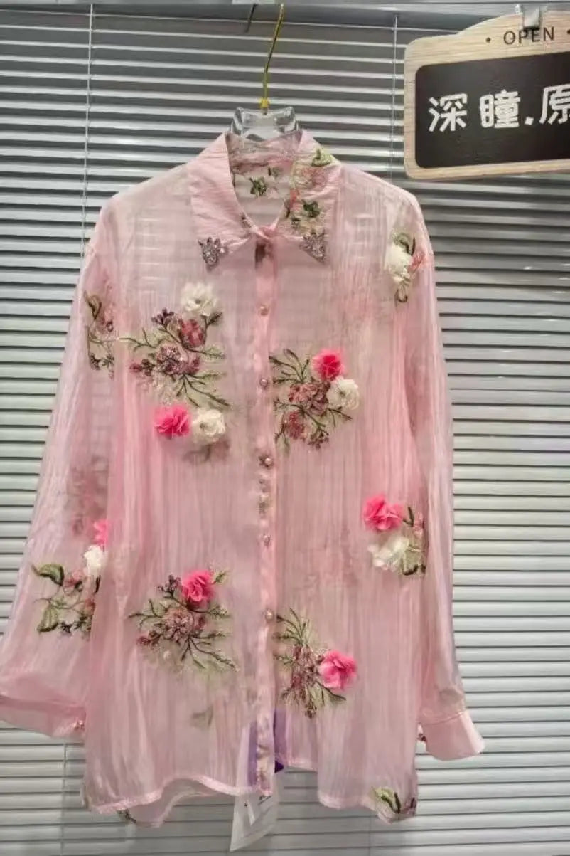 New In 2025 Summer Diamonds Flowers Embroidery Shirts Blouses For Women Long Sleeve Thin Sunscreen  Loose Casual Top Cardigan
