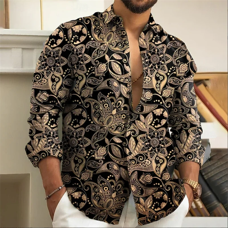 3D line printed men's long sleeved shirt top, fashionable checkered pattern, casual loose Gothic clothing top