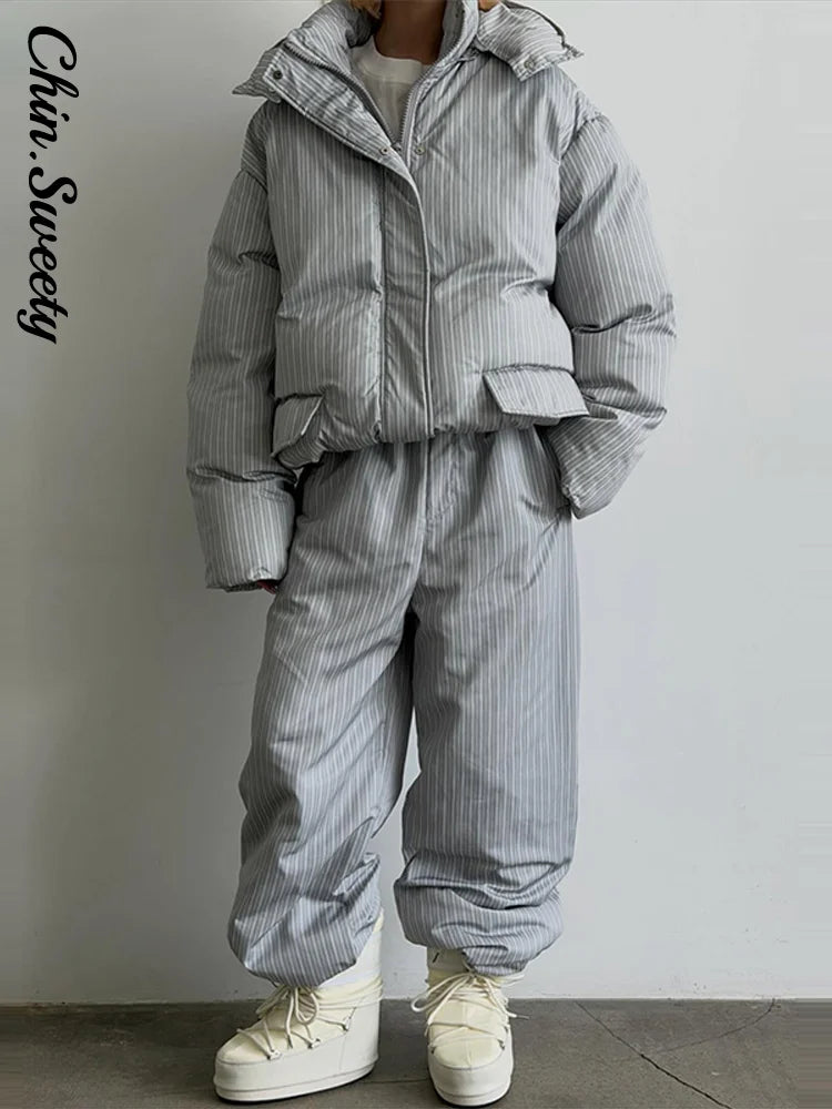 Casual Striped Women's Cotton Coat Trouser Suits Hooded Zippers Thicken Lady Set 2026 Autumn Winter Chic Female Outfits