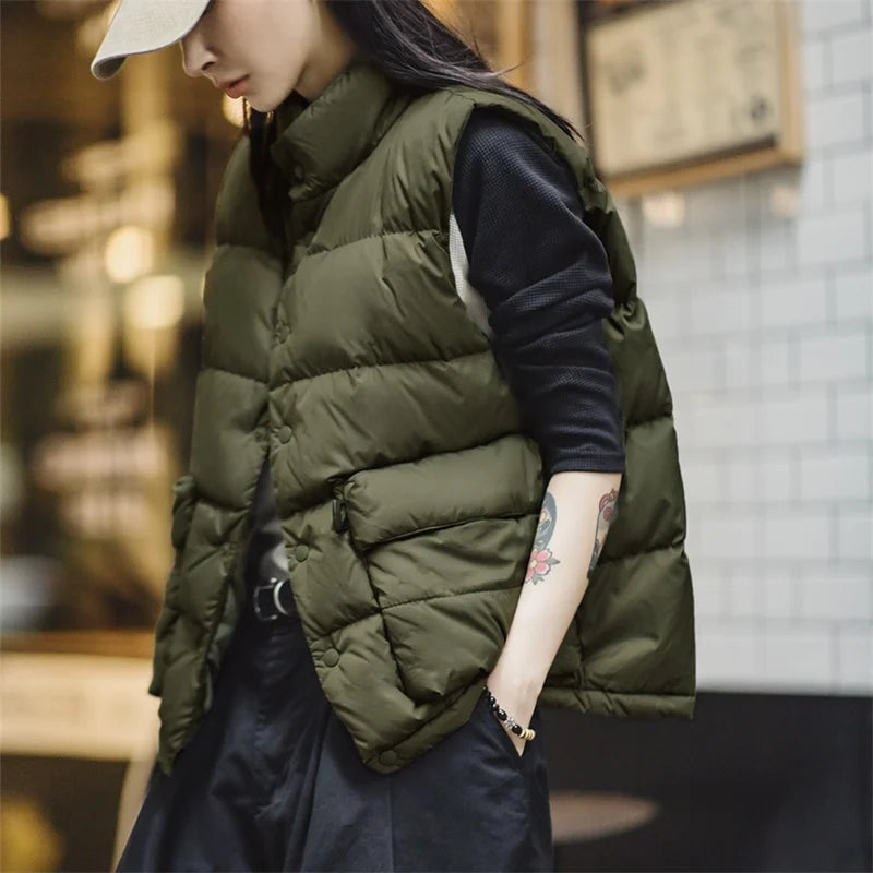 Maden Winter Sleeveless Down Vest for Women White Duck Down Filling Stand-up Collar Warm Tank Top Casual Light Outerwear Vest