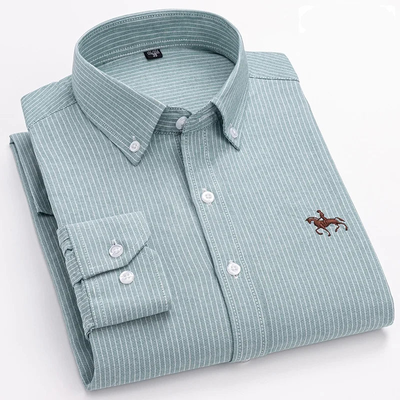 2024 new autumn men's long-sleeved plaid striped100% cotton Oxford spinning chest embroidery regular fit button work shirt S~6XL