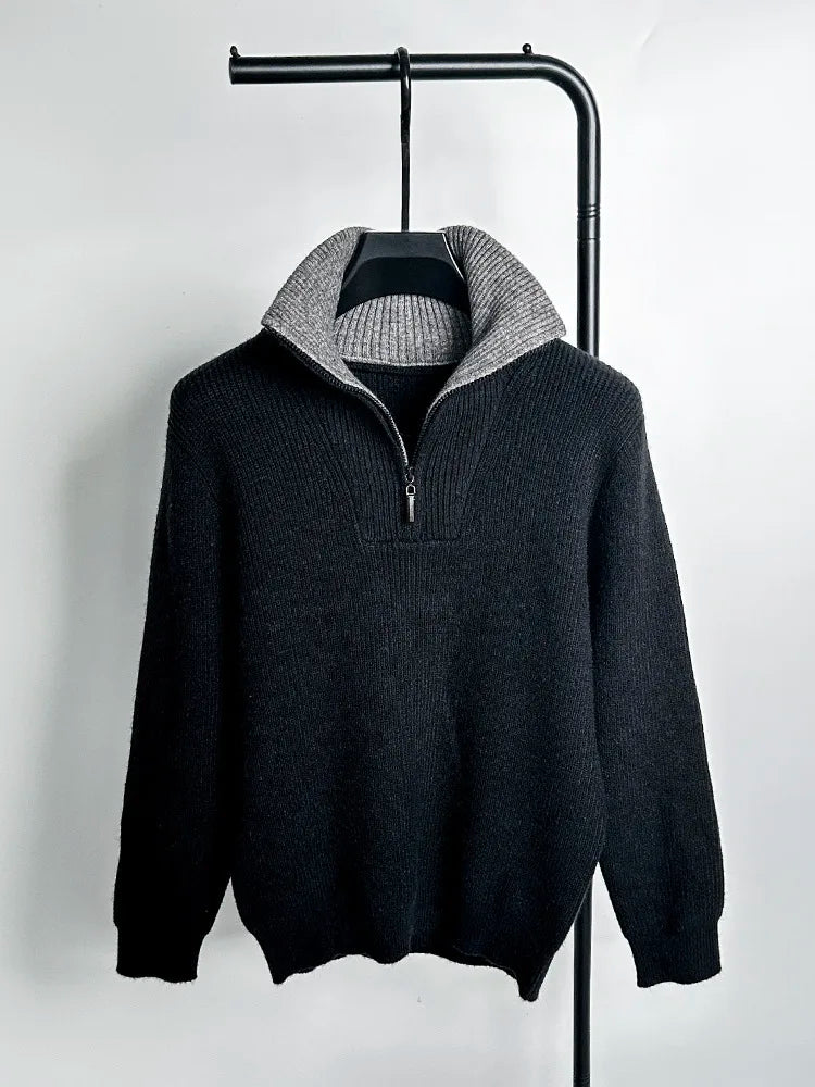Autumn and Winter Men's Half High Neck Zipper Knitted Sweater Korean Version FashionCasualSolidColor Pullover Thickened and Warm