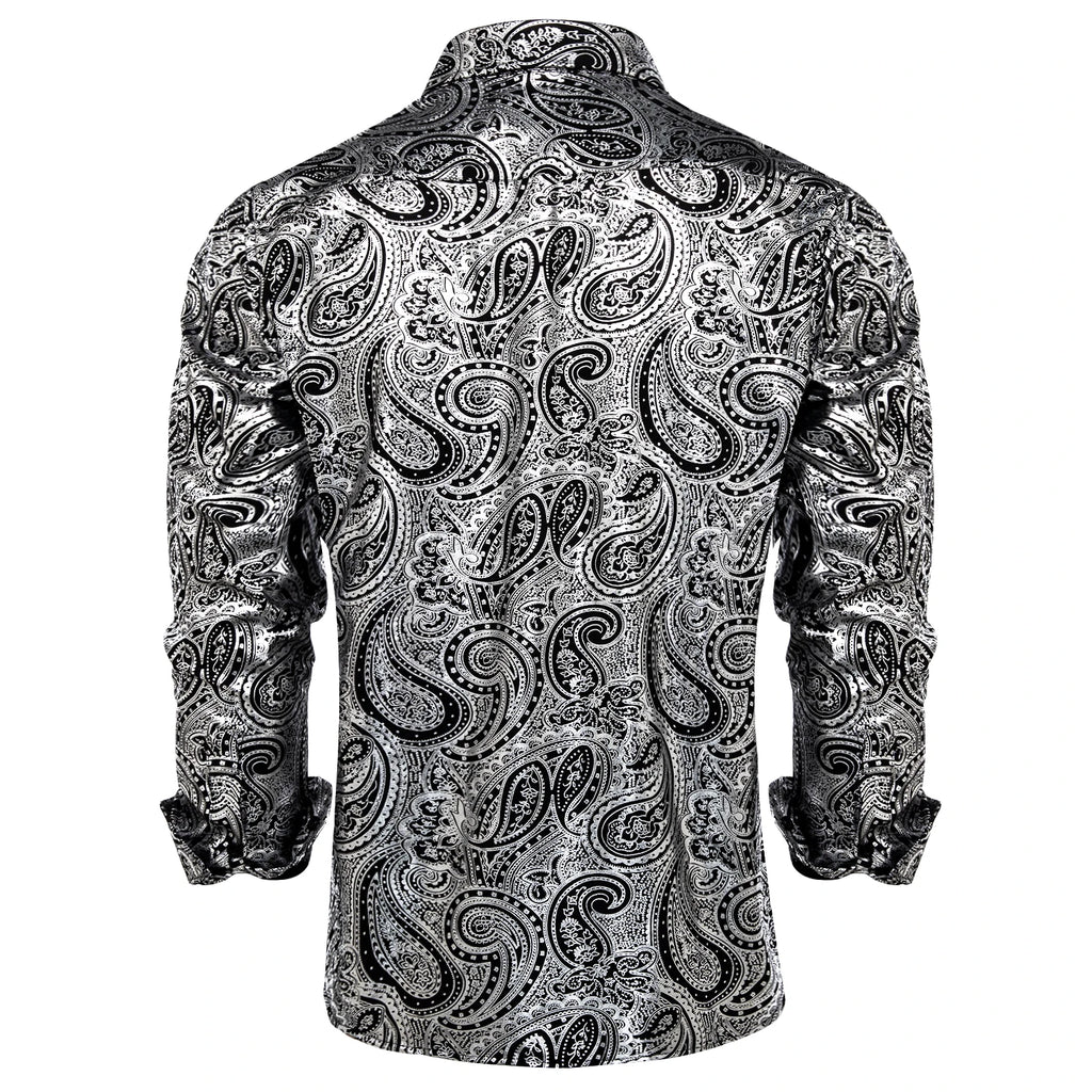 Men's Black and Silver Paisley Dress Shirts for Wedding Prom Clothing Luxury Tops