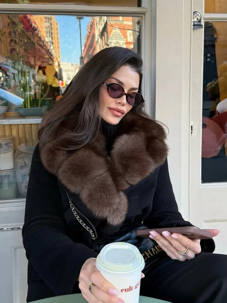 2026 Spring Autumn Faux Fur Collar Lace Up Jacket For Women Casual High Street Long Sleeve Belt Coats Lady Chic Street Outerwear