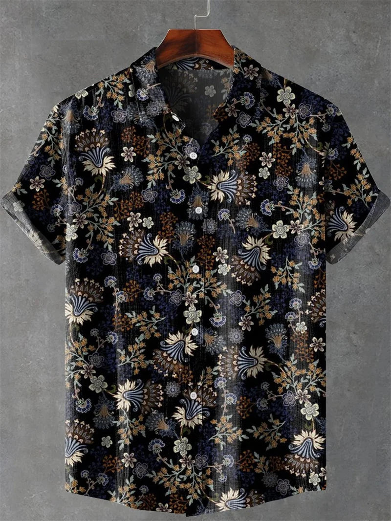 2025 vintage printed shirt men's casual lapel single breasted shirt 3D printed short sleeved shirt