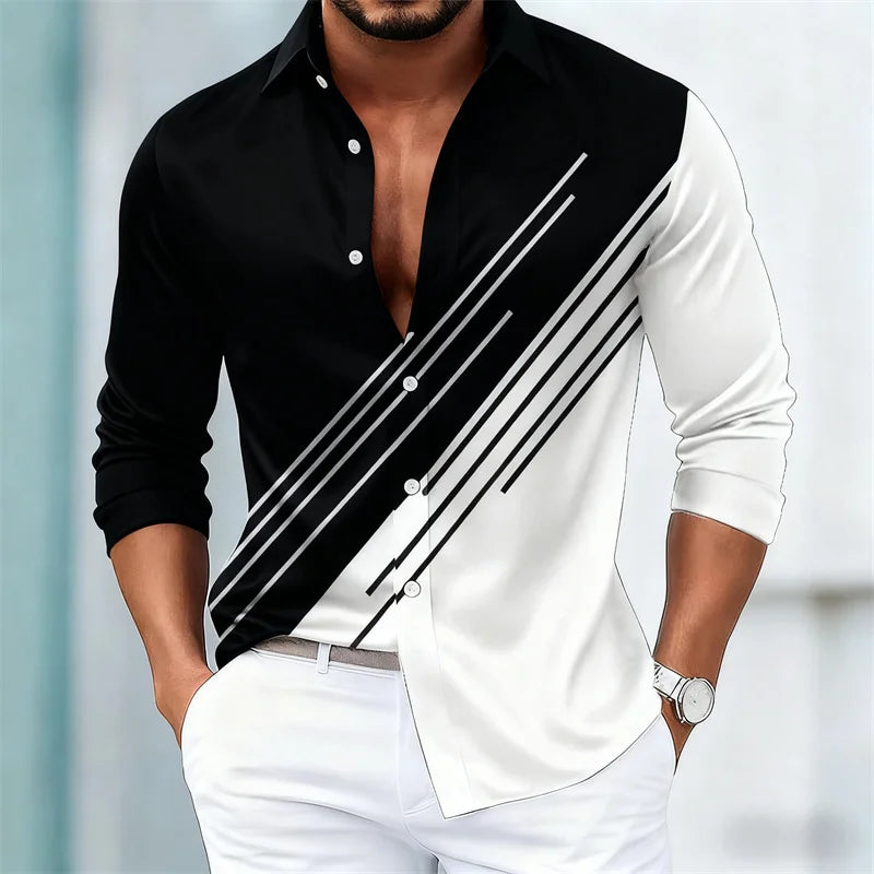 Men's stylish contrasting striped long-sleeved shirt, European and American style slim-fit casual shirt, 15 colors available
