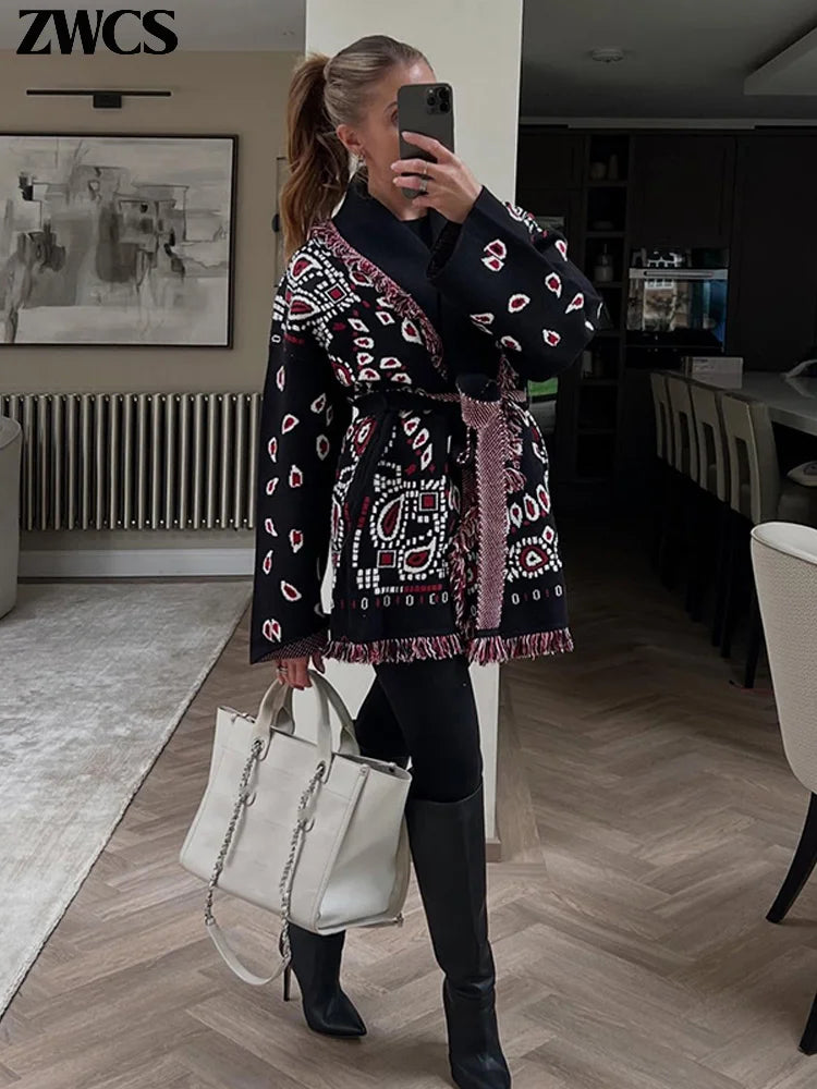 Knitted Print Lace-up Cardigan Coat Women's Elegant V-neck Tassels Full Sleeve Belted Sweaters 2026 Autumn New Ladies Outwear