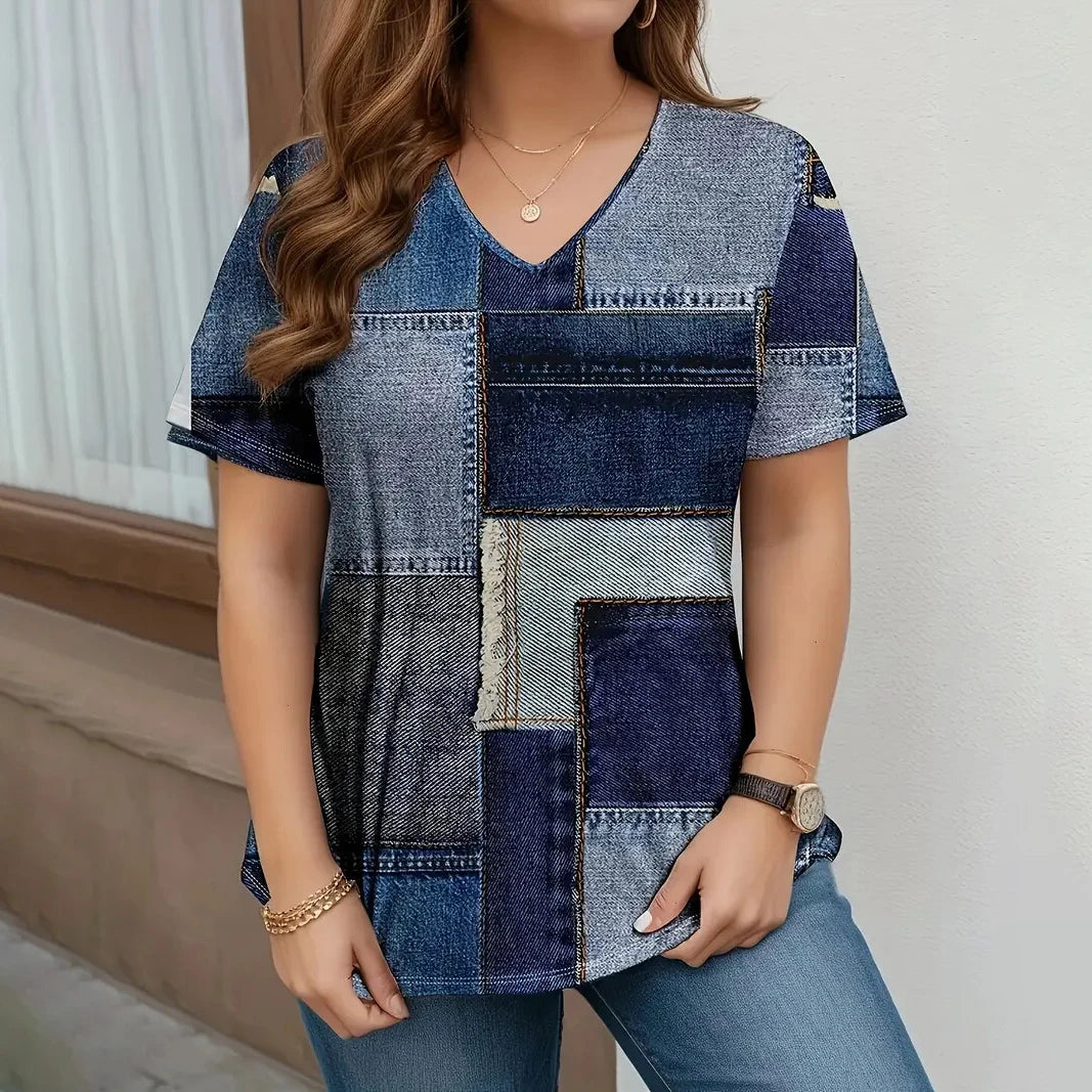 Women's T-shirt Summer V-neck Short Sleeve Tops Graphic Print Outdoor T-shirt Female Casual Oversized Clothing Streetshirts
