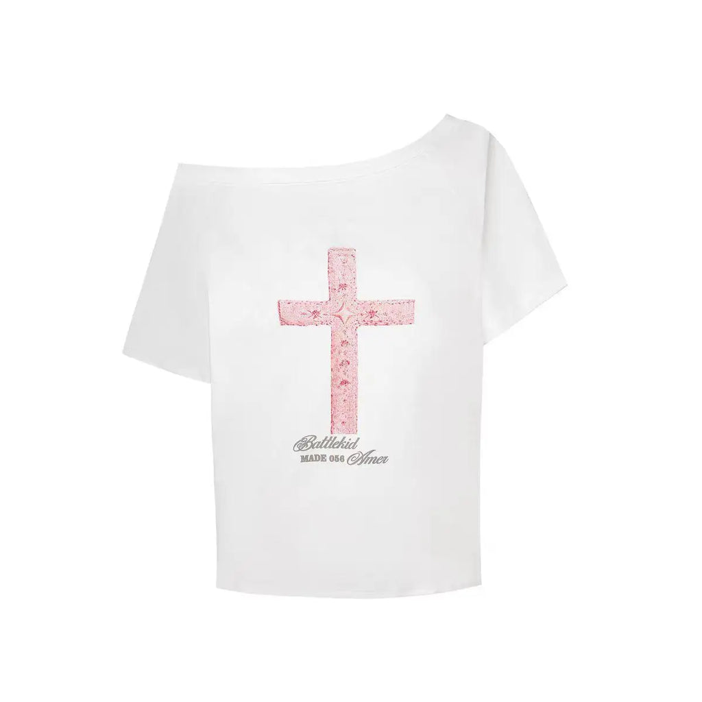 Seeslim Gothic Off Shoulder Cross Graphic T Shirts 2000s Clothes Y2k Short SLeeve Tees Female Clothing Goth Summer Tops T-shirt