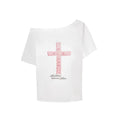 Seeslim Gothic Off Shoulder Cross Graphic T Shirts 2000s Clothes Y2k Short SLeeve Tees Female Clothing Goth Summer Tops T-shirt
