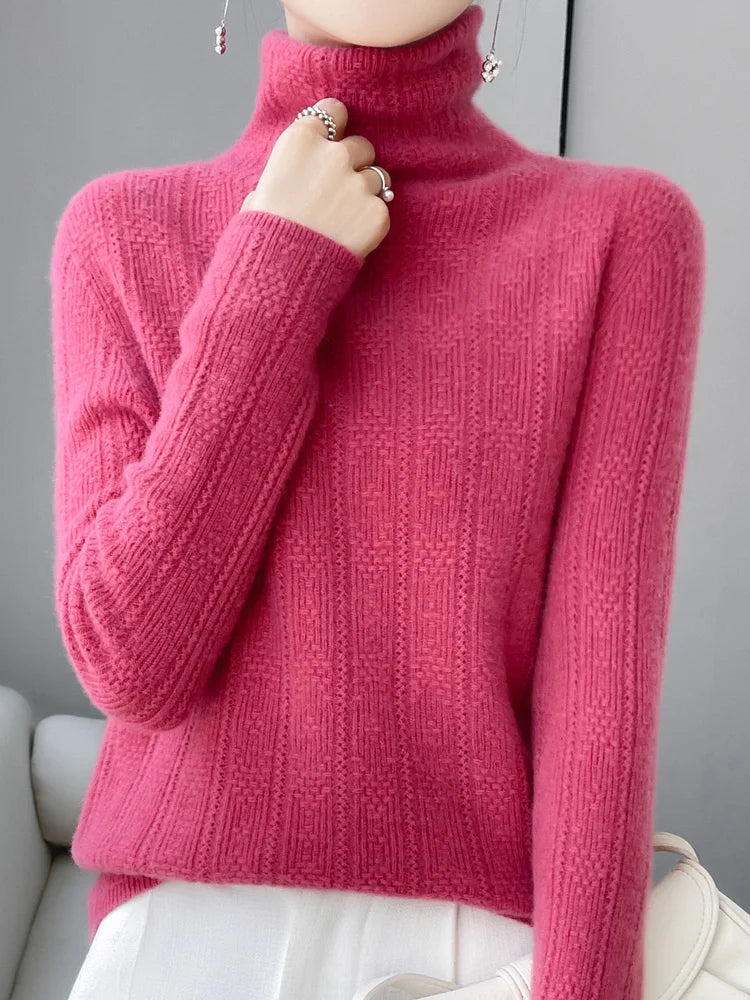 100% Wool Cashmere Sweater Women Turtleneck Long Sleeve Tops Knitted Pullovers Autumn Winter Casual Loose Clothing Warm Jumper