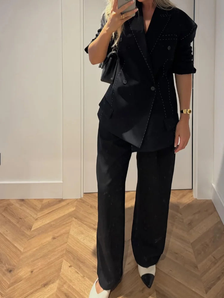 Casual Women Blazer Pant Suits Chic Loose Lapel Doube-breasted Top Straight Pants Fashion Lady Commute 2025 Autumn 2 Pieces Sets