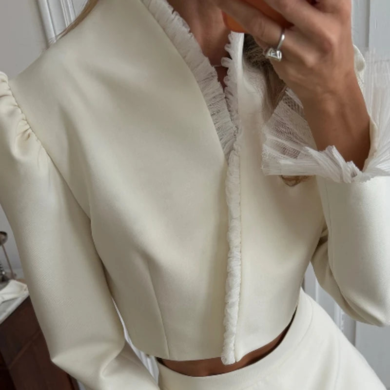Urban Solid Women's Two Piece Set Elegant Puff Long Sleeve V Neck Blazer Mesh Suit Skirt  2026 Autumn Fashion Lady Outfit