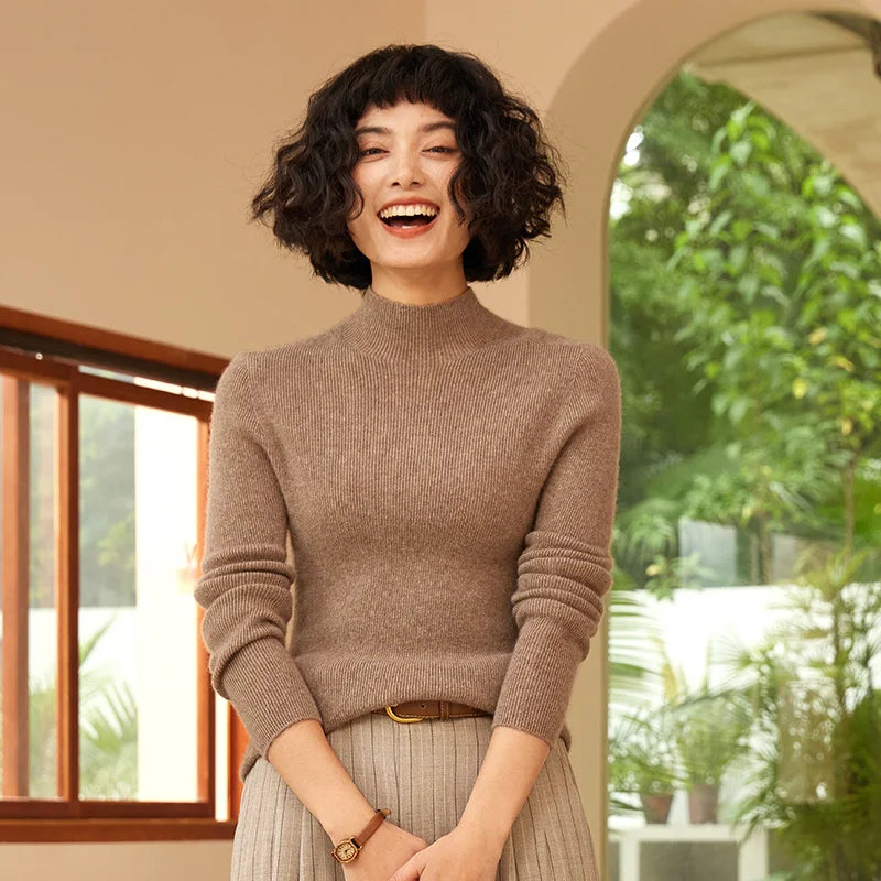 Autumn and Winter New Women's 100% Pure Cashmere Semi High Neck Pullover Sweater Knitted Slim Fit Hot Selling Women's Top