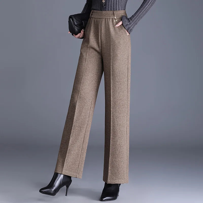 Thick Woolen Mom Pants High Waist Straight Leg Casual Trousers for Middle-Aged Women Autumn Winter Fashion Comfortable Fit