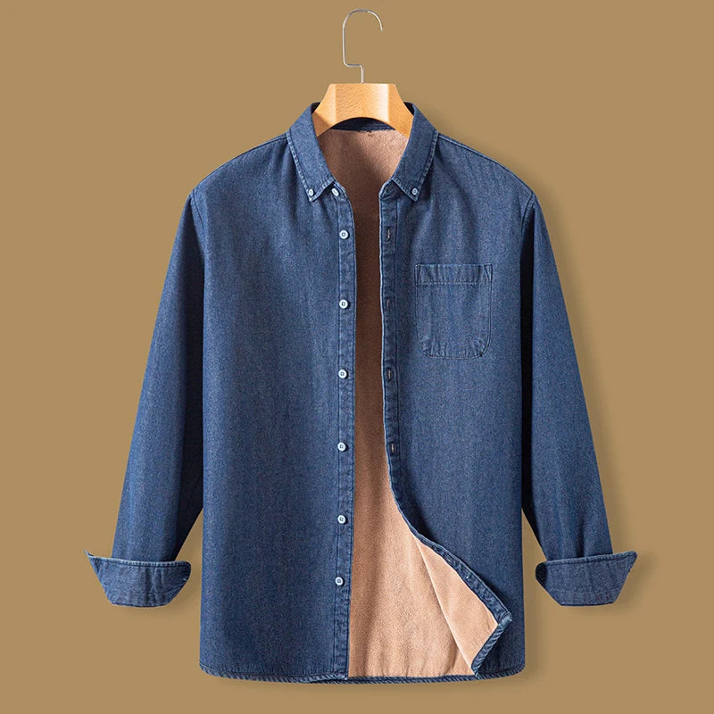 New in shirt Winter Thick Warm cowboy long sleeve shirts for men slim fit casual single pocket tops linen cotton elegant clothes
