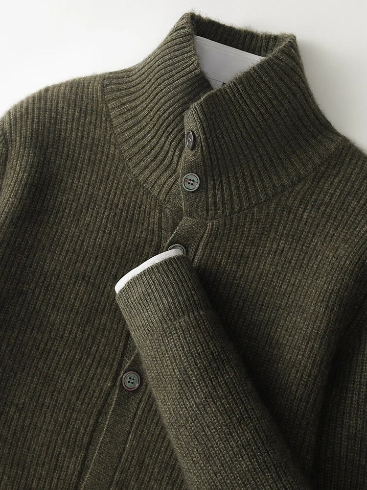 Luxury 100% Cashmere Cardigan for Men Mock Collar Thickening Sweater Autumn Winter Knitted Coat Soft Clothing Smart Casual Top