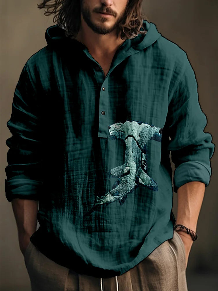Spring and Autumn Men's Shirt Linen Fashion Casual Bamboo Hawaiian Style Printed Shirt Men's Top Long Sleeve Hooded Pullover