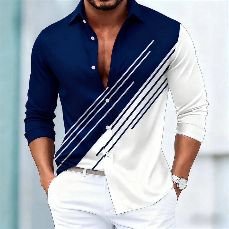 Men's stylish contrasting striped long-sleeved shirt, European and American style slim-fit casual shirt, 15 colors available