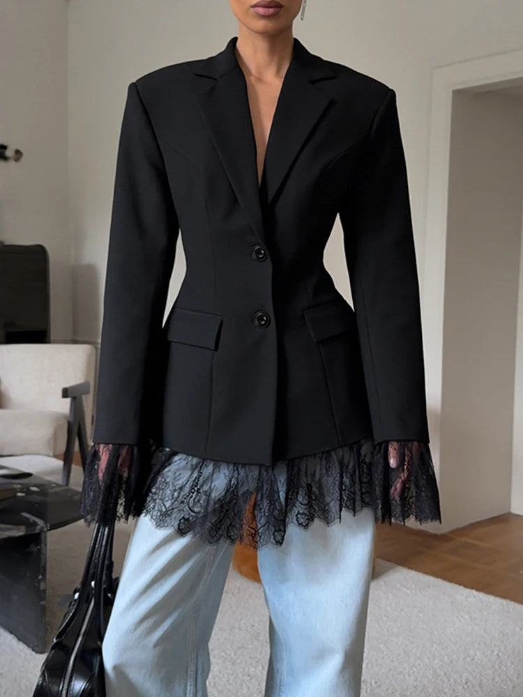 Lace Trimmed Single Breasted Blazer Long Sleeve Tailored Slim Women 2025 Autumn Elegant Suit Jacket Office Party Chic Lady Coat