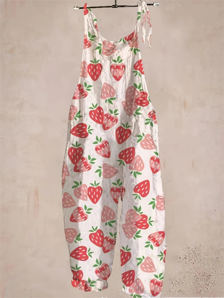 New Women's Small Strawberry Printed Jumpsuit Cute Jumpsuit Set Casual Summer Suspenders Loose Comfortable Jumpsuit