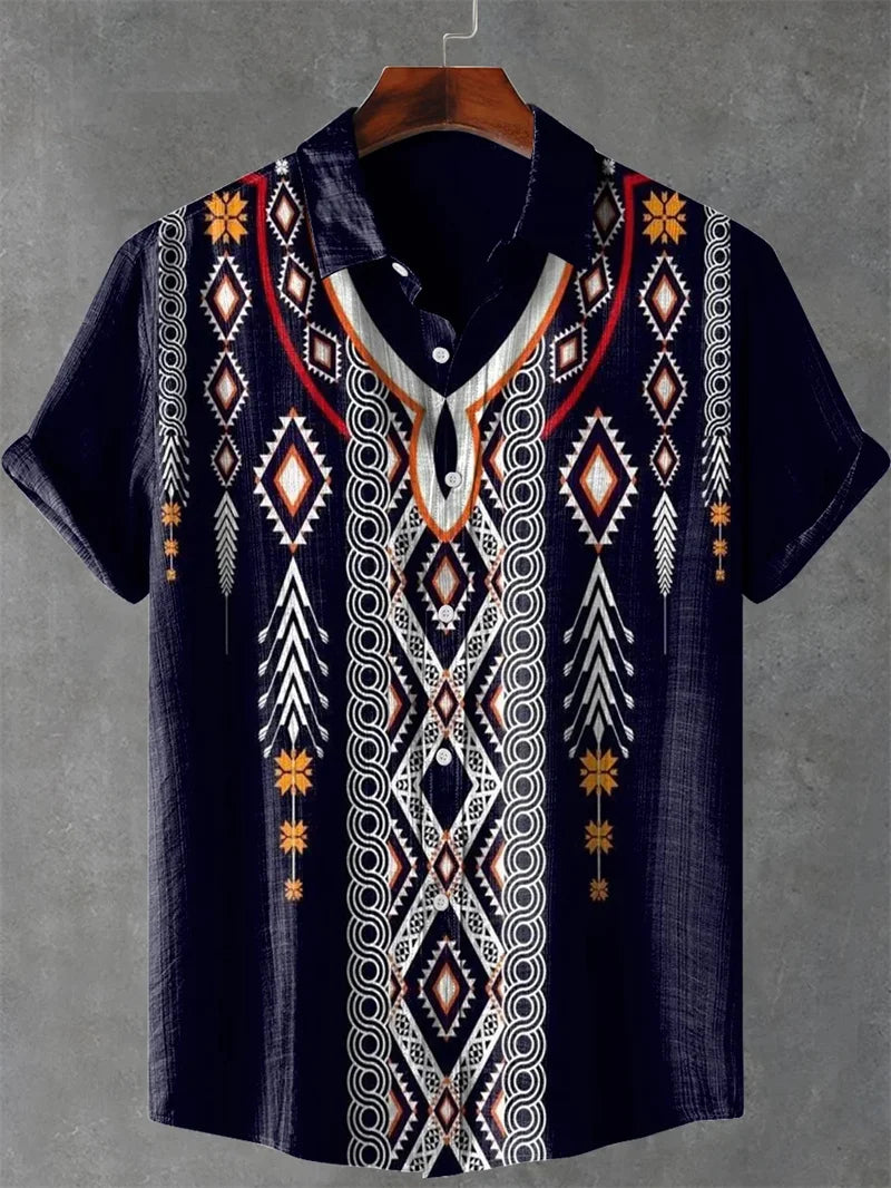 Men's Vintage Art Shirt Vintage Abstract 3D Geometric Print Short Sleeve Linen Casual Shirt Holiday Clothing