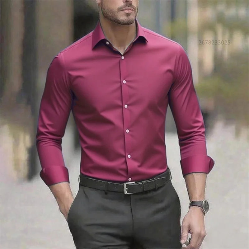 Solid Color Men's Shirt Casual White Shirt, High Quality Solid Color Long Sleeve Stretch Fabric, Business Formal Shirt, XS-6XL