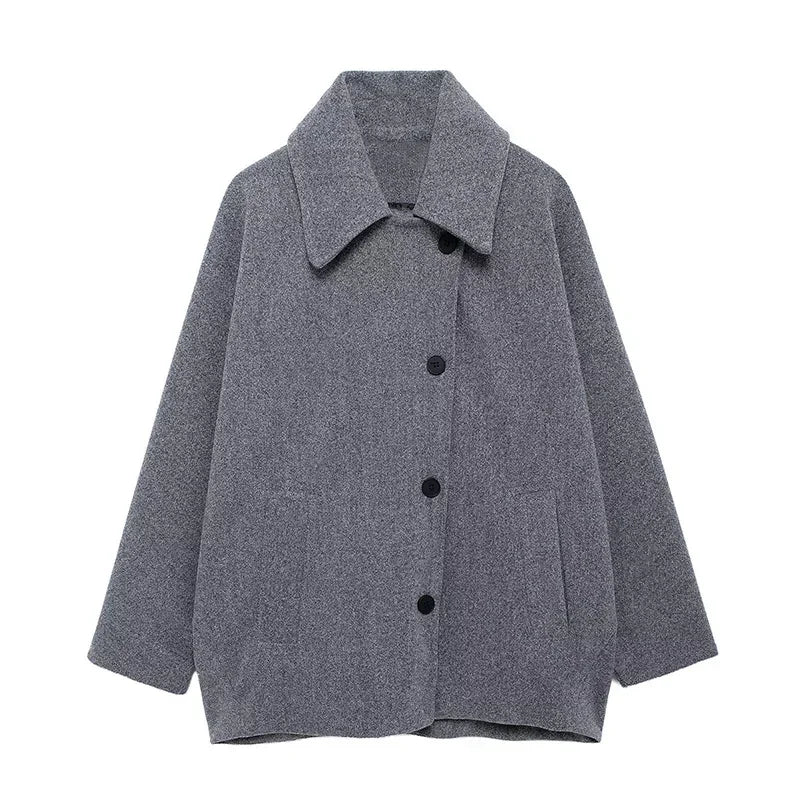 Elegant Woolen Lapel Coat Loose Solid Long Sleeve Single Breasted Pocket Female Jackets 2025 Autumn Fashion Street Lady Outwear
