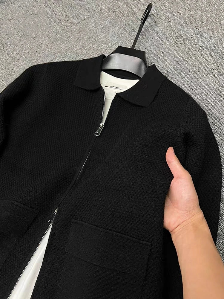 Light luxury high-end lapel zipper knitted jacket men autumn new style fashion pocket design Korean casual warm weater coat