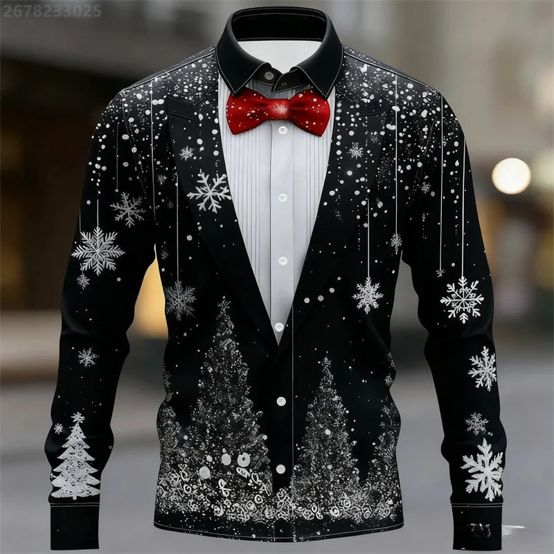 Men's Christmas shirt, casual fashion design, holiday party men's top, long sleeve lapel men's high-end clothing XS-6XL size