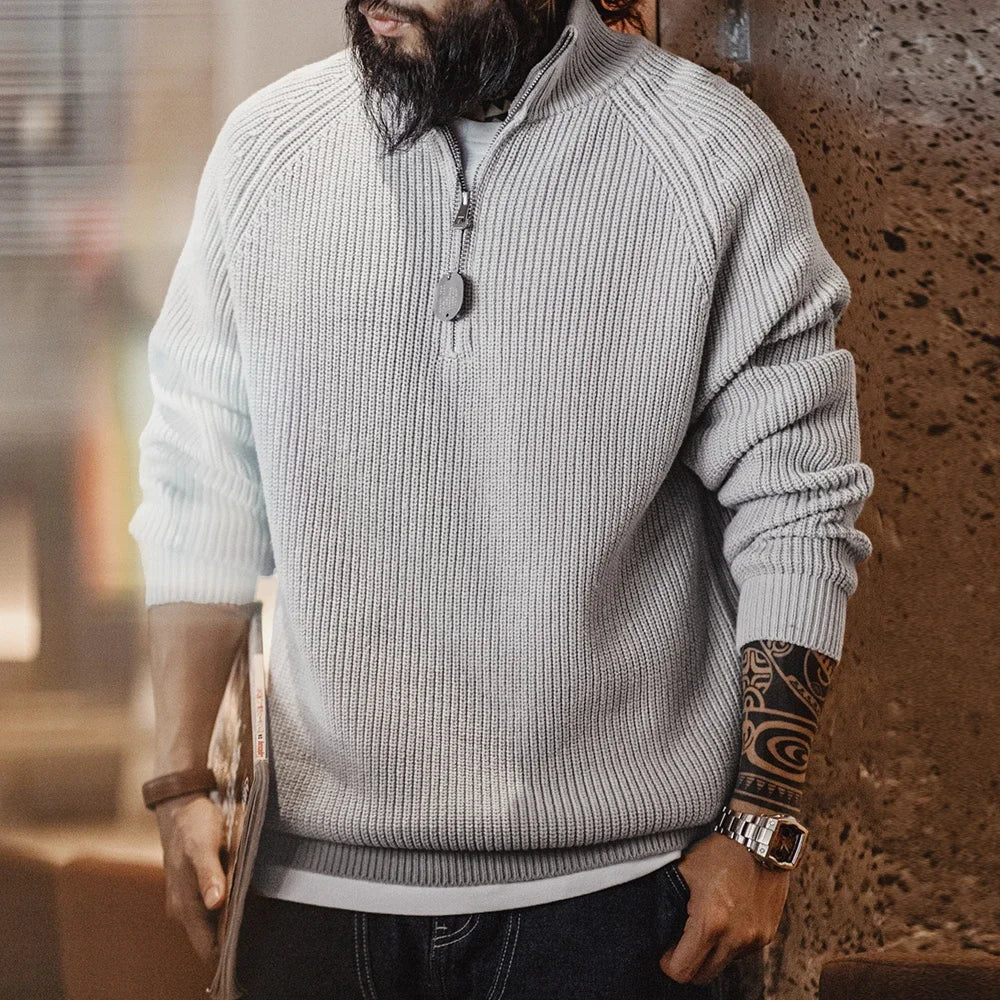 Maden Vintage Solid Color Warm Knitted Sweater Half-Zip Stand Collar Pullover for Men's Autumn and Winter Versatile Knitwear Top