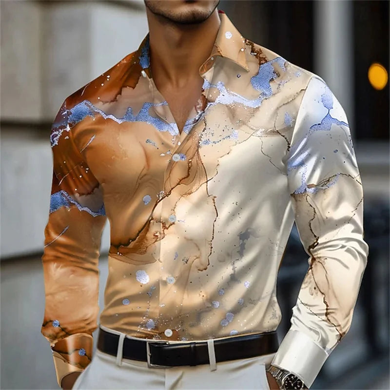 Men's blue and gold marble print long-sleeved shirt. Fashionable casual design, slim fit for banquets and business suits. XS-6XL