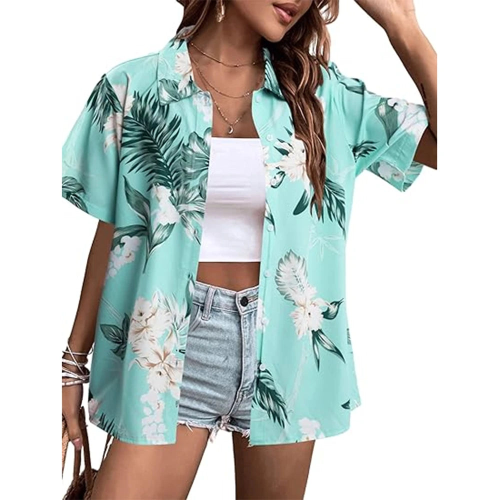 New Women's Short Sleeve T-shirt Fashion 3D Floral Print Hawaiian Style Casual Basic T-shirt Summer Lapel Short Sleeve Shirt