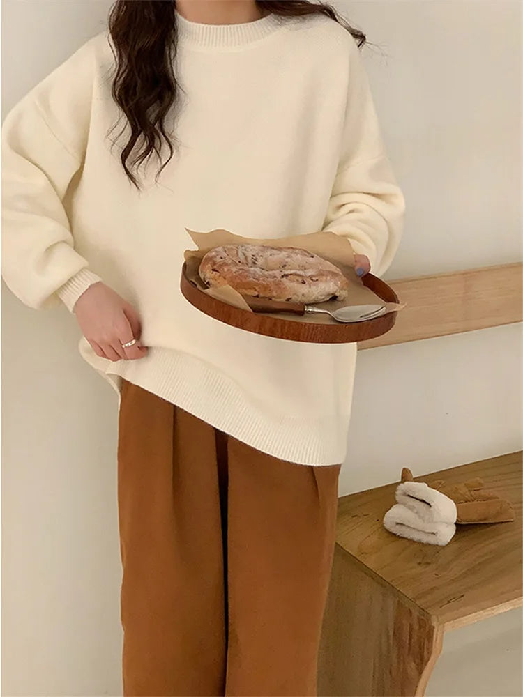MiuKoMiYa Winter Sweater Women Yellow Warm O Neck Knitted Pullovers Loose Outwear Autumn Jumpers Women Vintage Sweaters Pink